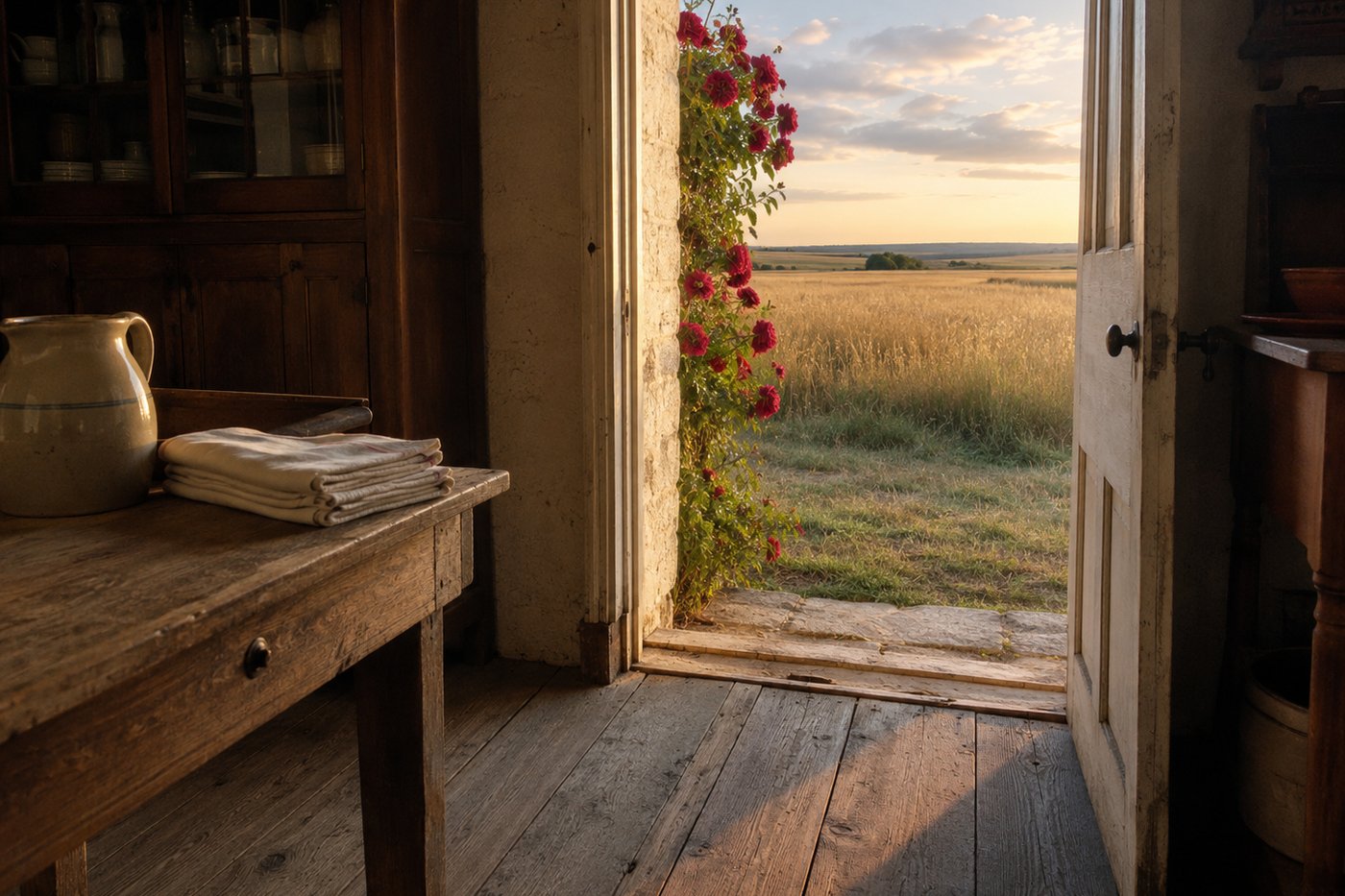 A ranch kitchen doorway with a climbing rose beside it and open prairie beyond