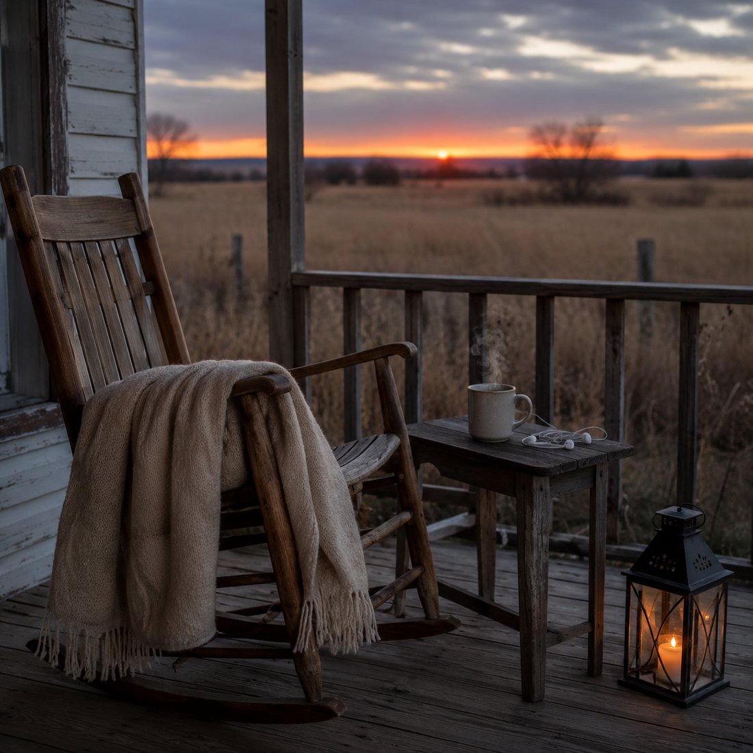 A porch rocking chair at dusk with a shawl, a cup of coffee, and earphones on the arm