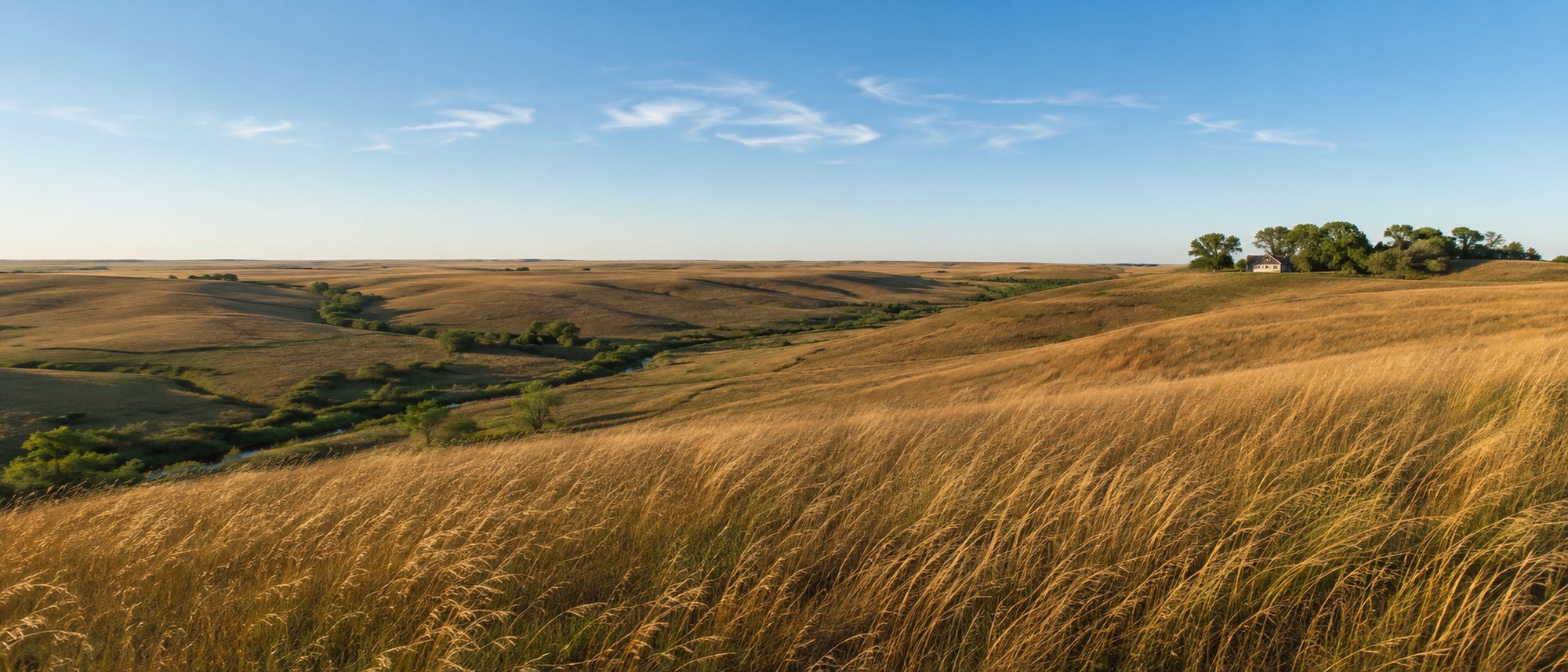 Tallgrass prairie hills under a wide Kansas sky, with a limestone ranch house in the distance